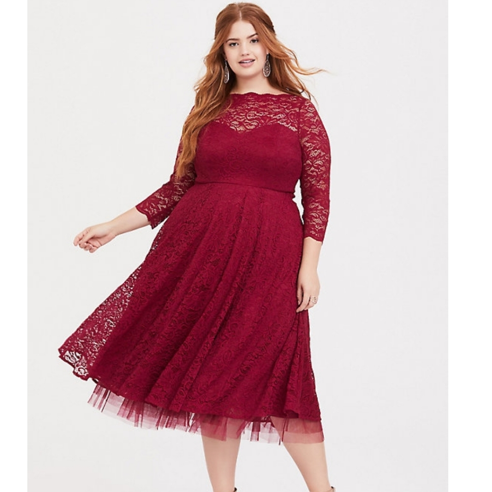 SPECIAL OCCASION RED WINE LACE MIDI DRESS